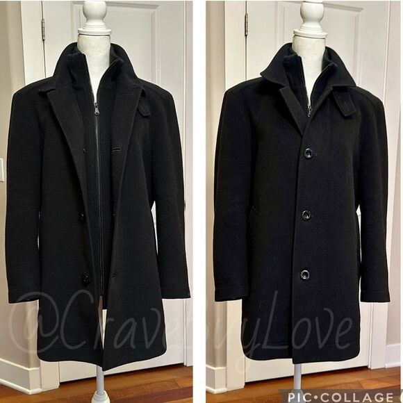 BOSS CASHMERE COAT 36R PEACOAT CLASSIC LINED WARM WINTER 31” LONG BLACK EUC - Picture 1 of 17